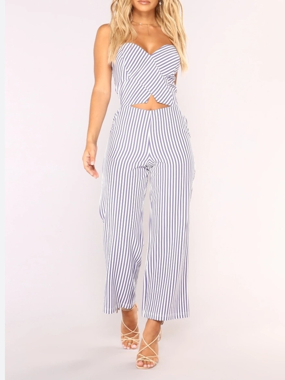 Justify Navy and White Striped Cutout Wide-Leg Jumpsuit Size S